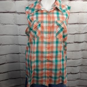 Women's XXL Wrangler Wrancher Shirt Sleeveless Pearl Snaps Peach Tourquise Plaid